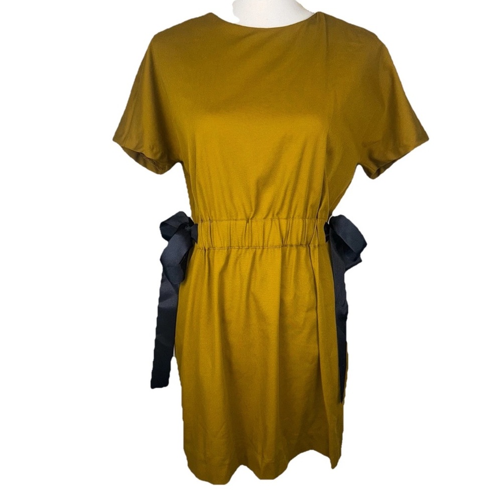 Zara Trafaluc Womens M Mustard Yellow Mini Dress‎ Short Sleeve Side Ribbon Ties